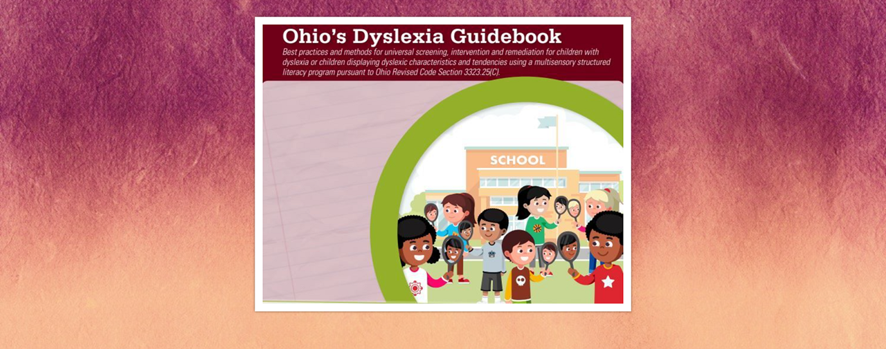 Ohio&#39;s Dyslexia Guidebook now available. Photo of cartoon children in front of a school.