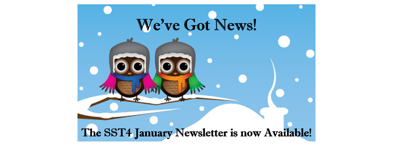 2 cartoon birds sitting on a snowy tree branch wearing winter hats and scarves. Text: We&#39;ve got news! The SST44 January Newsletter is now available!