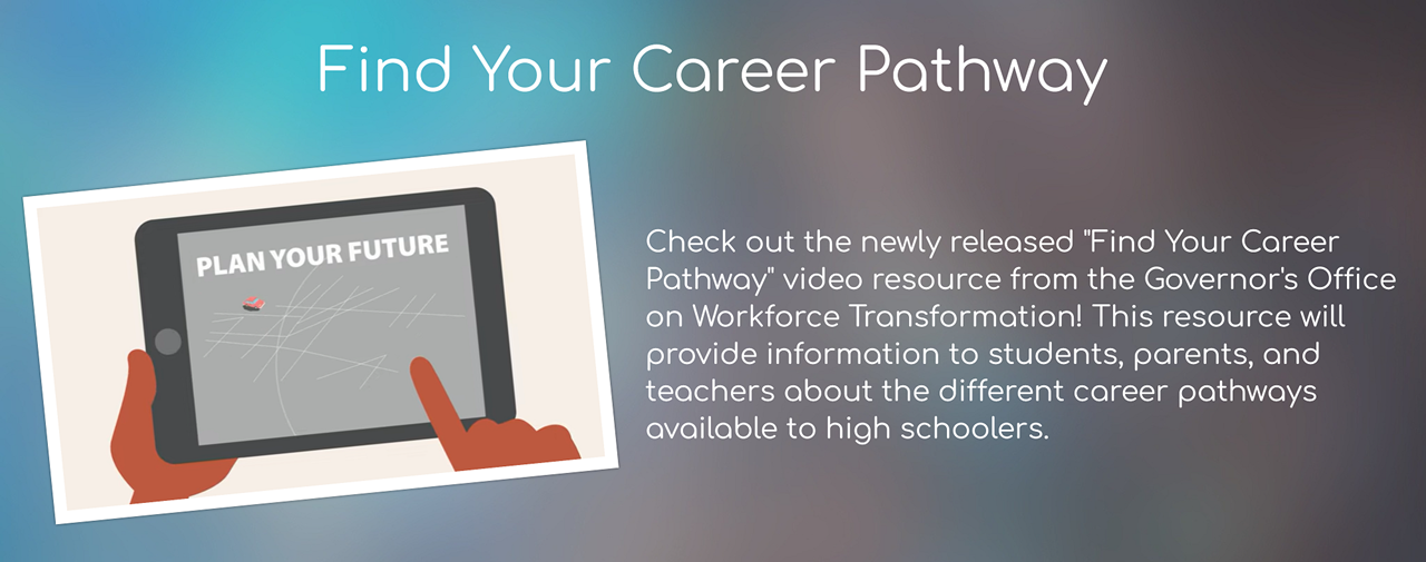 Blue and gray background mottled. Photo of hands holding a map that reads, Plan Your Future. Headline: Find Your Career Pathway.