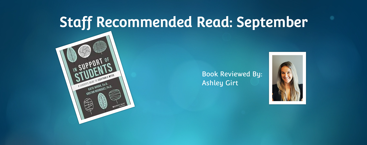 Staff recommended read: September. Photo of book cover and photo of book reviewer, Ashley Girt. Blue background.