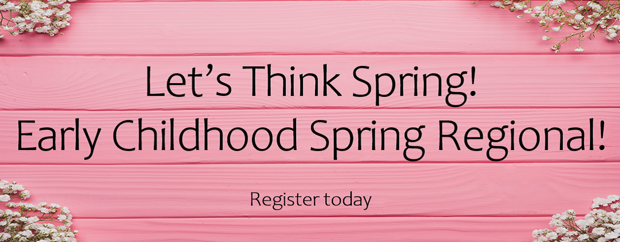 Pink wooden pallet with small white flowers in the 4 corners. Let&#39;s Think Spring! Early Childhood Spring Regional! Register today